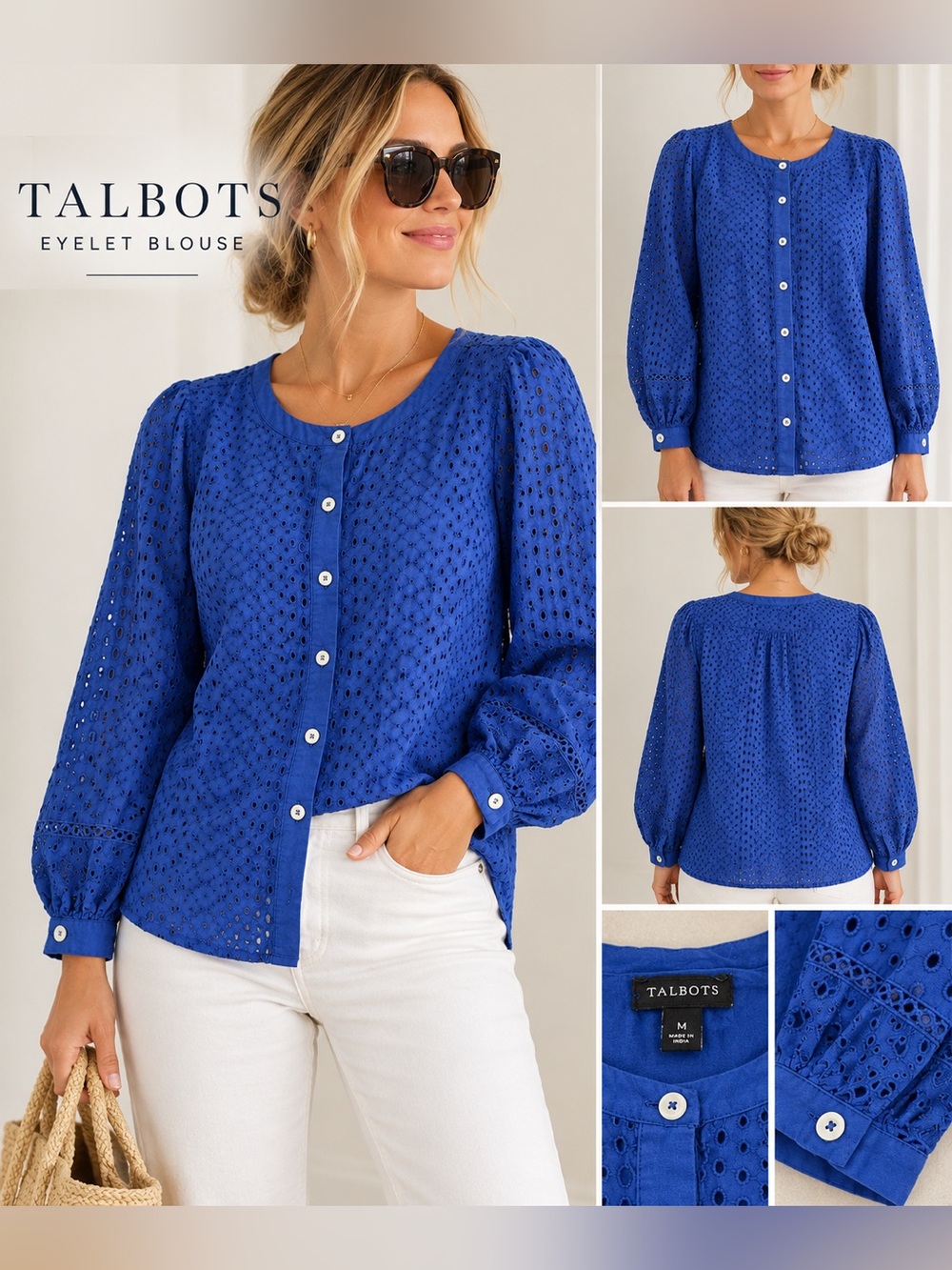 Talbots Blue Eyelet Embroidered Cotton Button Front Blouse Puff Sleeve M